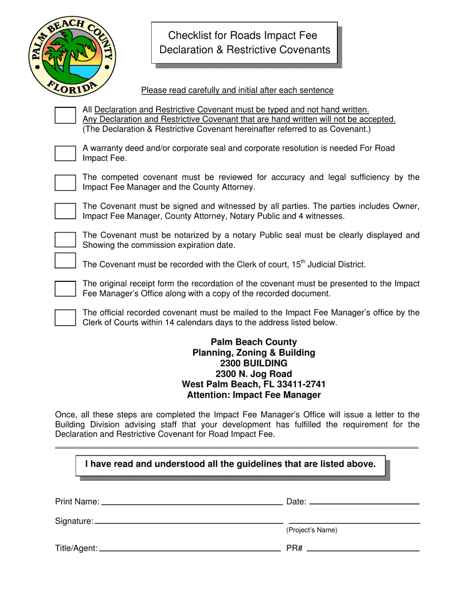 Checklist for Roads Impact Fee Declaration  Restrictive Covenants - Palm Beach County, Florida, Page 1