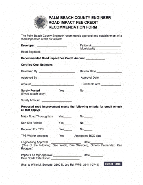 Road Impact Fee Credit Recommendation Form - Palm Beach County, Florida Download Pdf