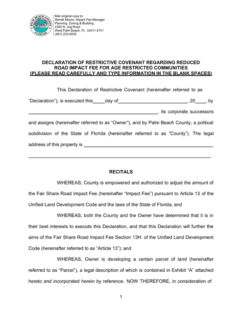 Declaration of Restrictive Covenant Regarding Reduced Road Impact Fee for Age Restricted Communities - Palm Beach County, Florida Download Pdf