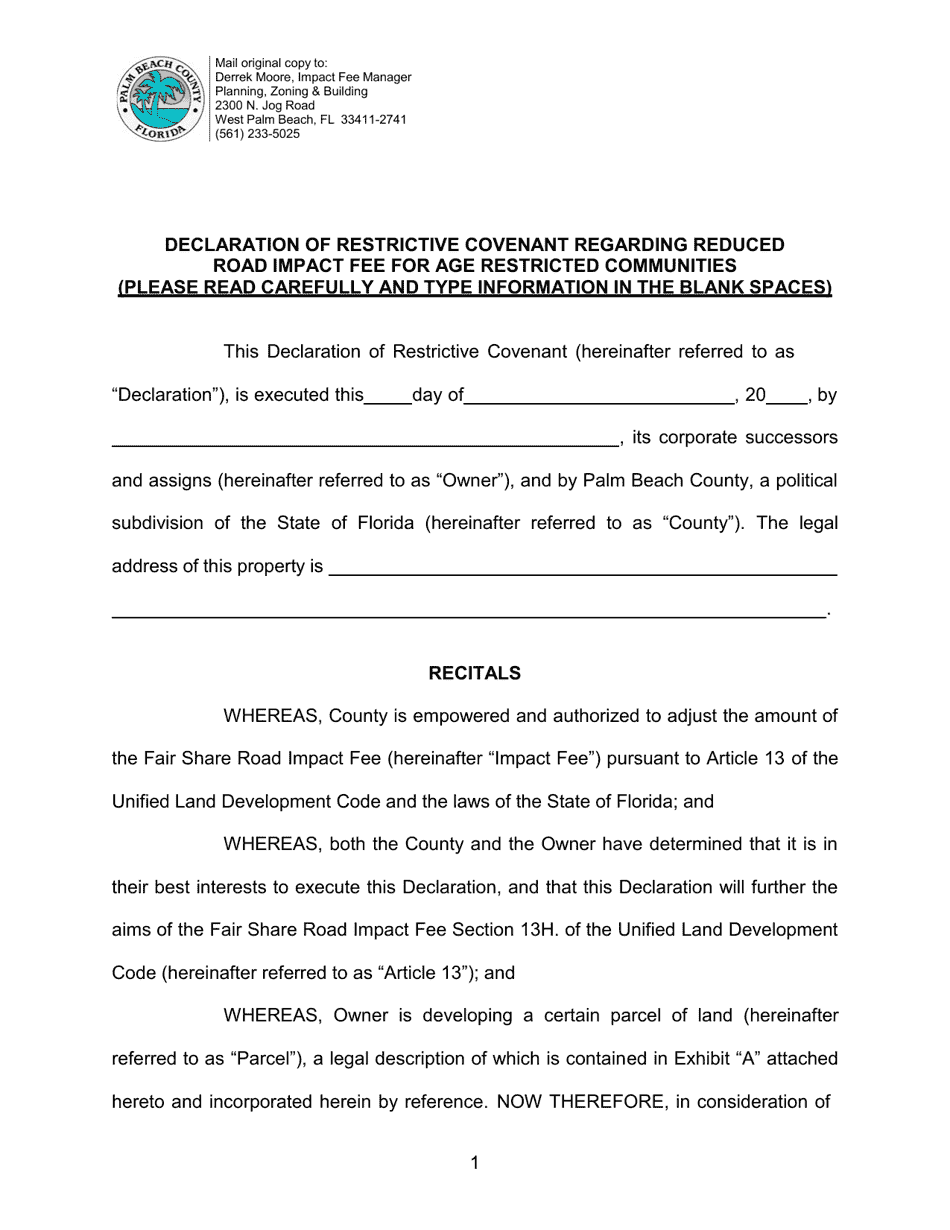 Declaration of Restrictive Covenant Regarding Reduced Road Impact Fee for Age Restricted Communities - Palm Beach County, Florida, Page 1