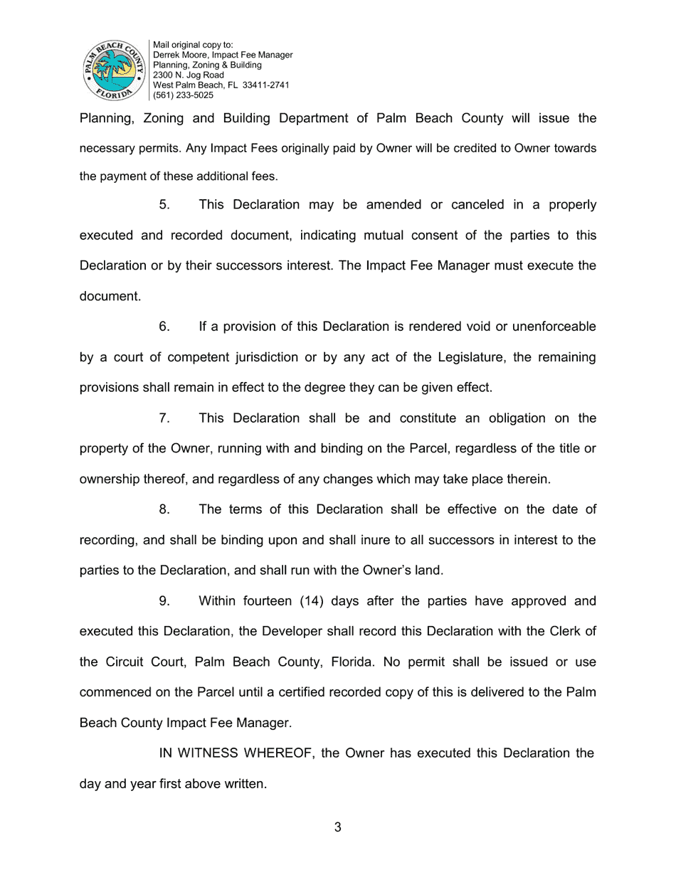 Declaration of Restrictive Covenant Regarding Reduced Road Impact Fee for Age Restricted Communities - Palm Beach County, Florida, Page 3