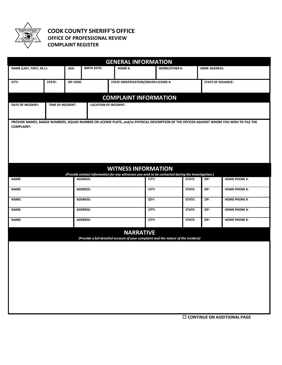 Form FCN-31 Office of Professional Review Complaint Form - Cook County, Illinois, Page 1