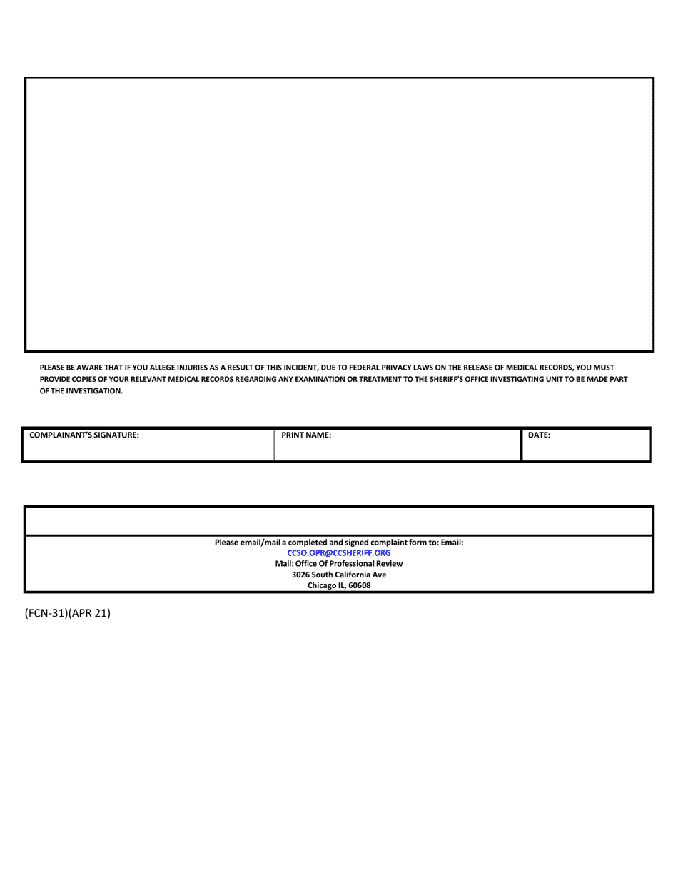 Form FCN-31 Office of Professional Review Complaint Form - Cook County, Illinois, Page 2