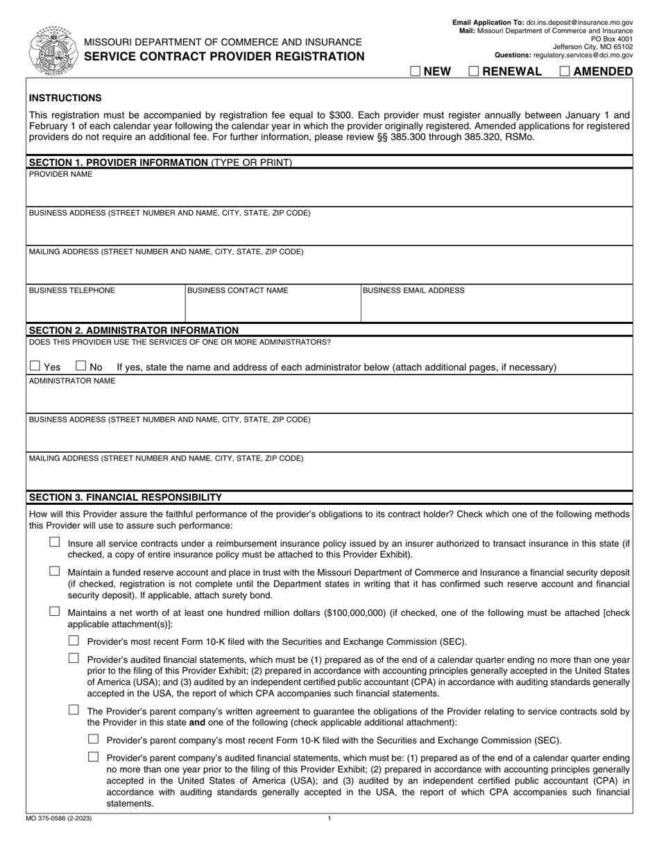 Form MO375-0586 Service Contract Provider Registration - Missouri, Page 1