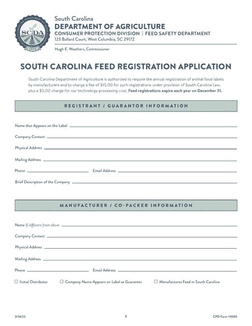 CPD Form 1000 South Carolina Feed Registration Application - South Carolina