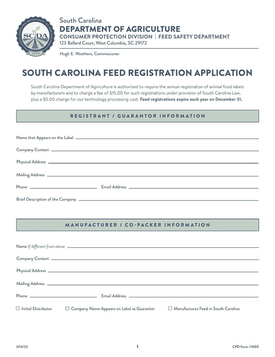 CPD Form 1000 South Carolina Feed Registration Application - South Carolina, Page 1