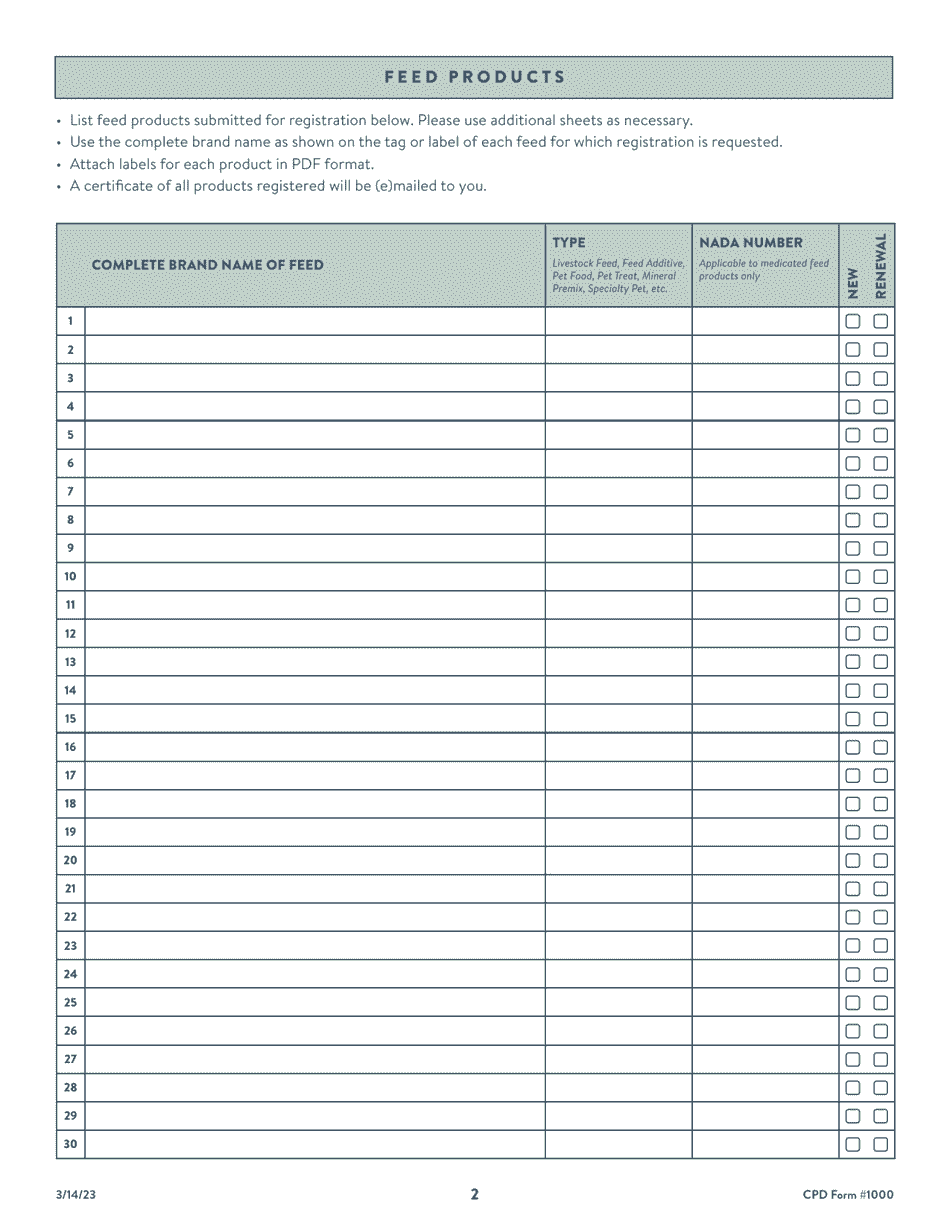 CPD Form 1000 South Carolina Feed Registration Application - South Carolina, Page 2
