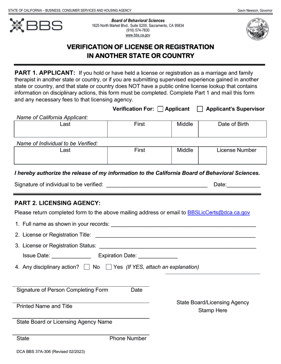 Form DCA BBS37A-306 Verification of License or Registration in Another State or Country - California, Page 1