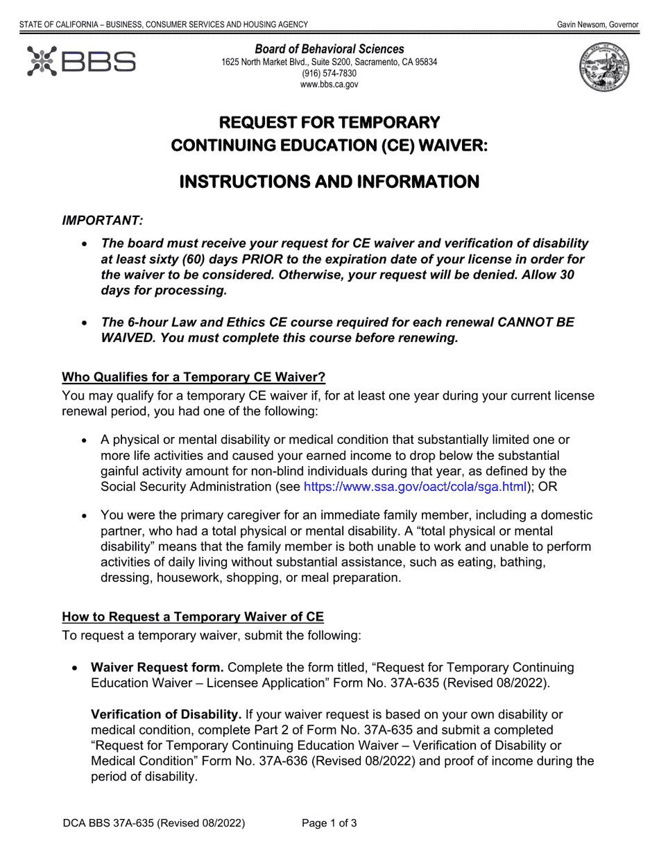Form DCA BBS37A-635 Request for Temporary Continuing Education (Ce) Waiver Licensee Application - California, Page 1
