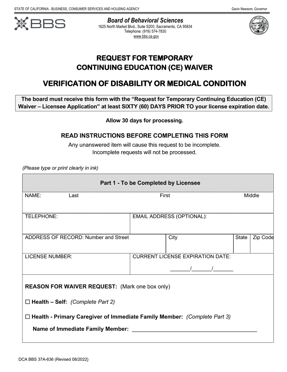 Form DCA BBS37A-636 Request for Temporary Continuing Education (Ce) Waiver - Verification of Disability or Medical Condition - California, Page 1