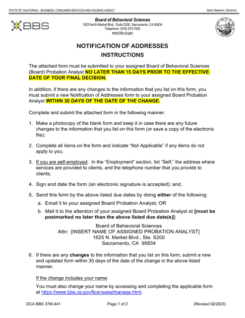 Form DCA BBS37M-441 Notification of Addresses - California