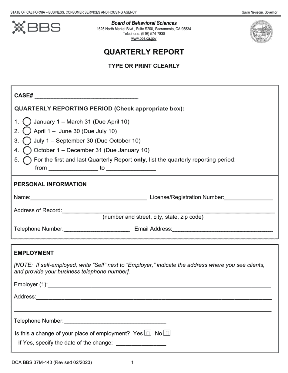 Form DCA BBS37M-443 Quarterly Report - California, Page 1