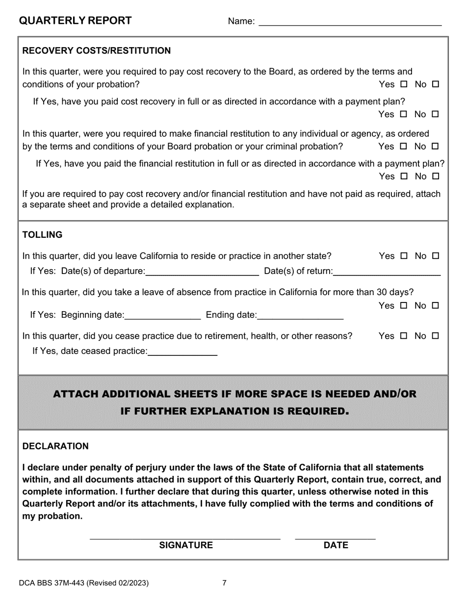 Form DCA BBS37M-443 Quarterly Report - California, Page 7