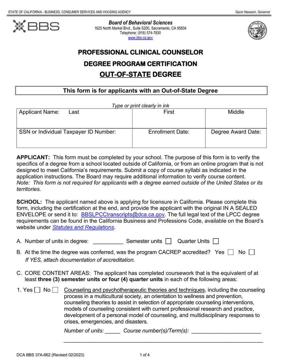 Form DCA BBS37A-662 Professional Clinical Counselor Degree Program Certification - Out-of-State Degree - California, Page 1
