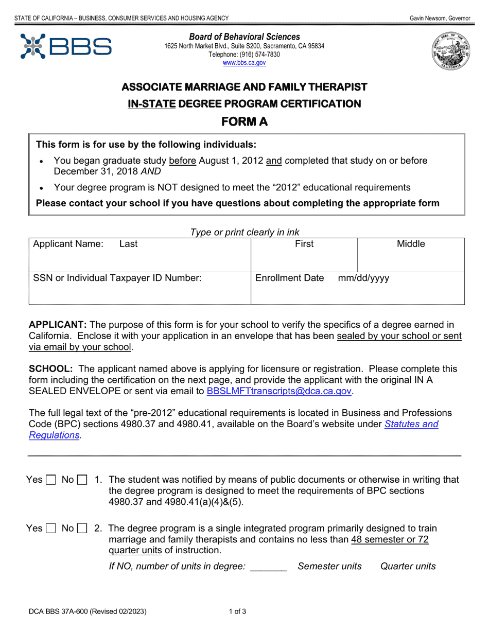 Form A (DCA BBS37A-600) Associate Marriage and Family Therapist in-State Degree Program Certification - California, Page 1