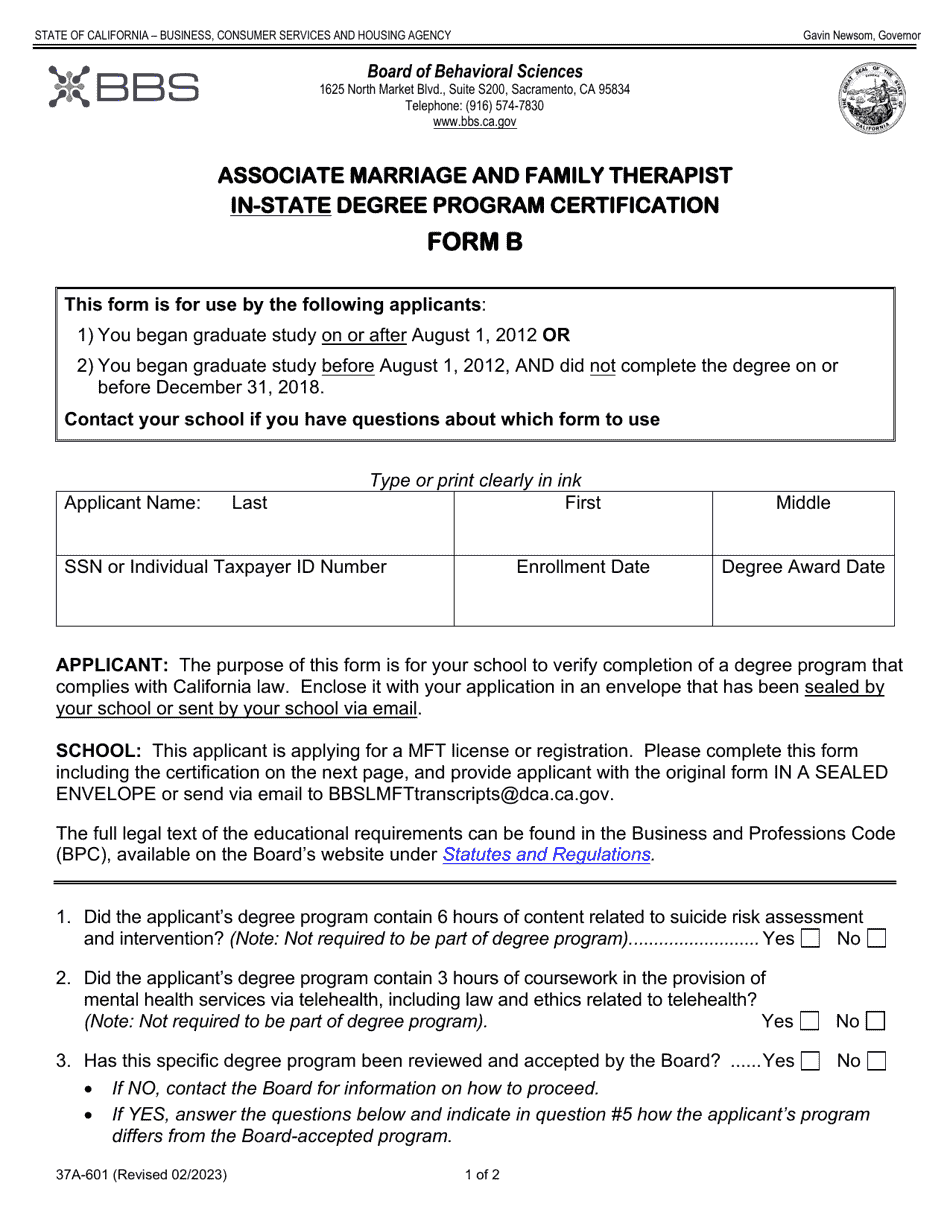 Form B (37A-601) Associate Marriage and Family Therapist in-State Degree Program Certification - California, Page 1