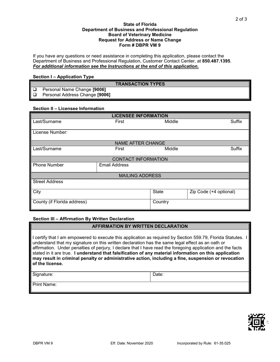 Form DBPR VM9 Request for Address or Name Change - Florida, Page 2