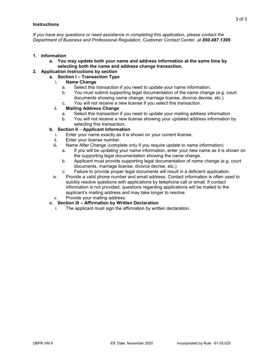 Form DBPR VM9 Request for Address or Name Change - Florida, Page 3