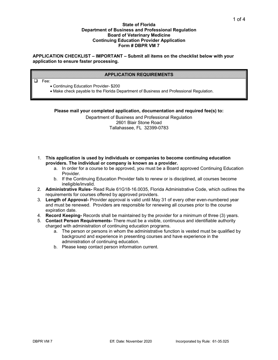 Form DBPR VM7 Continuing Education Provider Application - Florida, Page 1