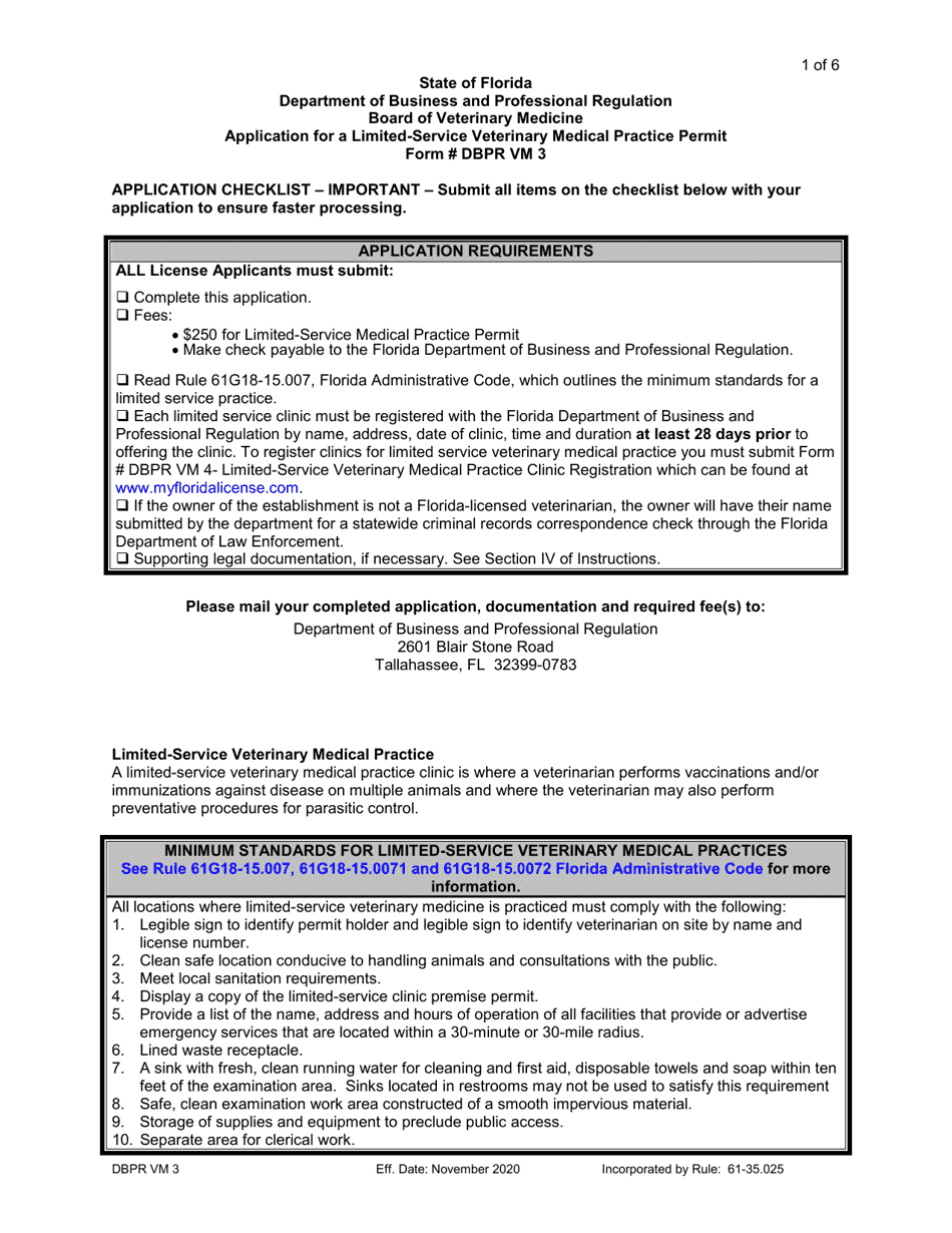 Form DBPR VM3 Application for a Limited-Service Veterinary Medical Practice Permit - Florida, Page 1