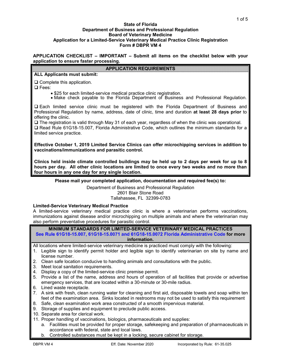 Form DBPR VM4 Application for a Limited-Service Veterinary Medical Practice Clinic Registration - Florida, Page 1