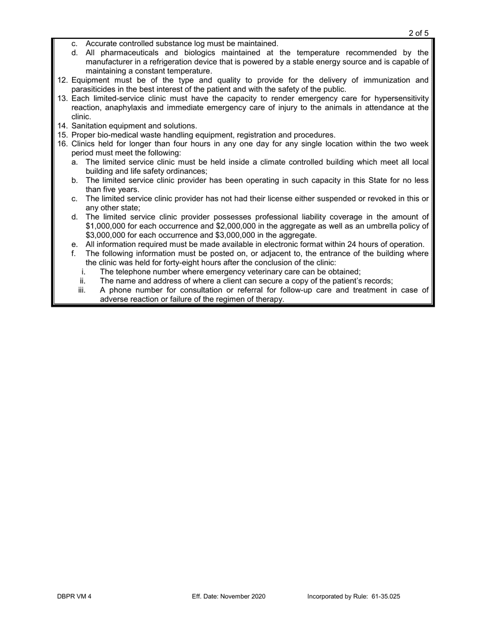 Form DBPR VM4 Application for a Limited-Service Veterinary Medical Practice Clinic Registration - Florida, Page 2