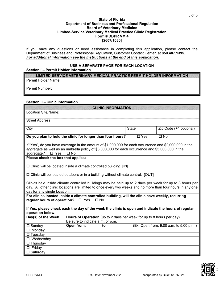 Form DBPR VM4 Application for a Limited-Service Veterinary Medical Practice Clinic Registration - Florida, Page 3
