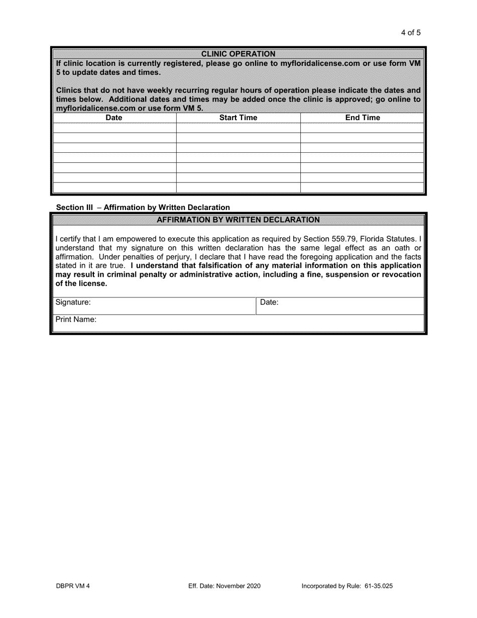 Form DBPR VM4 Application for a Limited-Service Veterinary Medical Practice Clinic Registration - Florida, Page 4
