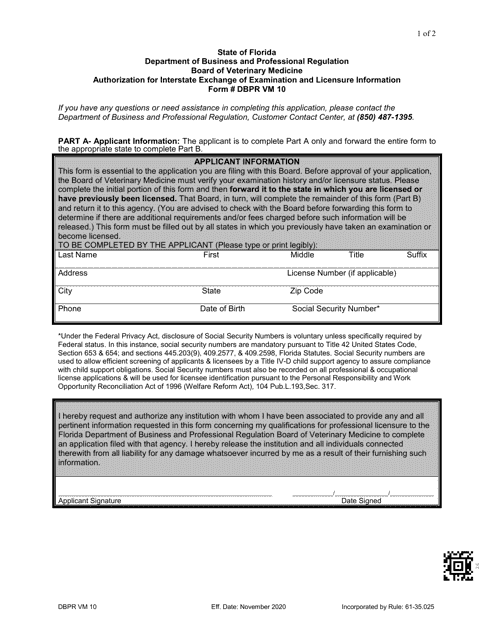Form DBPR VM10 Authorization for Interstate Exchange of Examination and Licensure Information - Florida