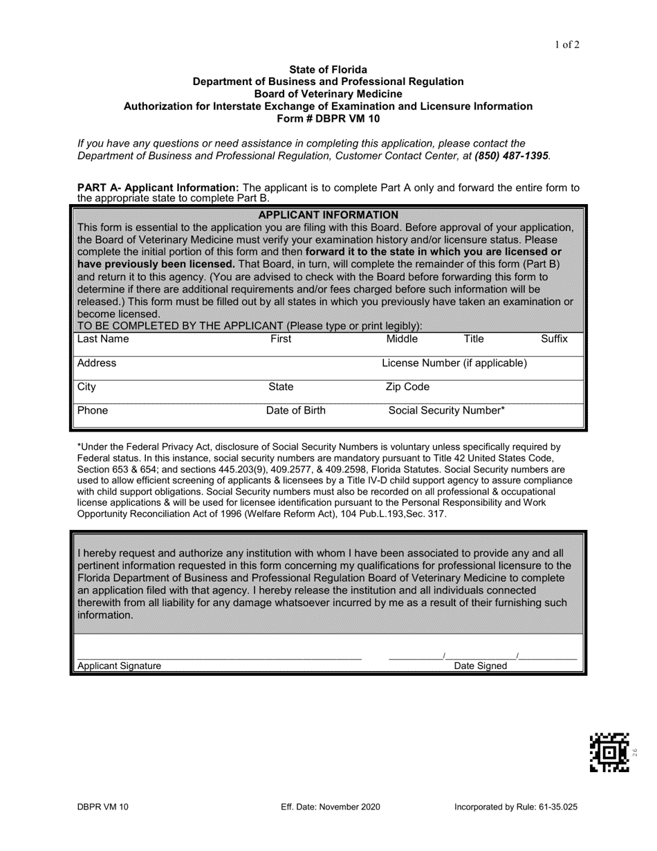 Form DBPR VM10 - Fill Out, Sign Online and Download Printable PDF ...