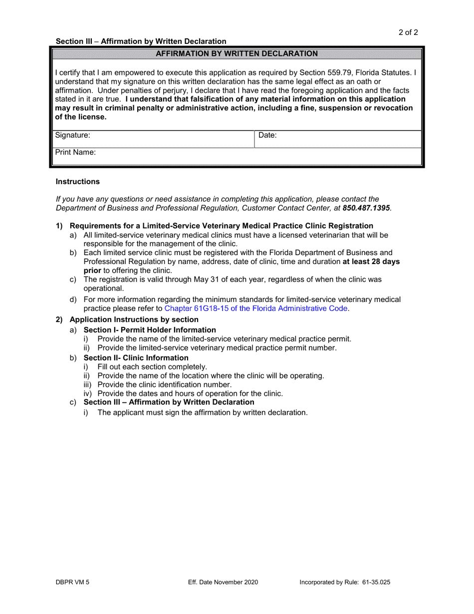 Form DBPR VM5 Limited-Service Veterinary Medical Practice Clinic Updates - Florida, Page 2