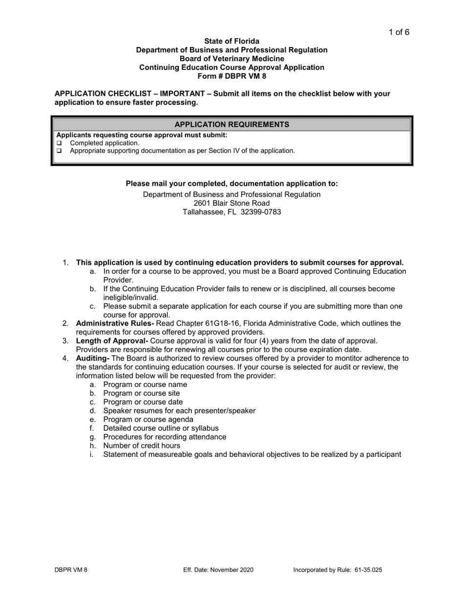 Form DBPR VM8 Continuing Education Course Approval Application - Florida, Page 1
