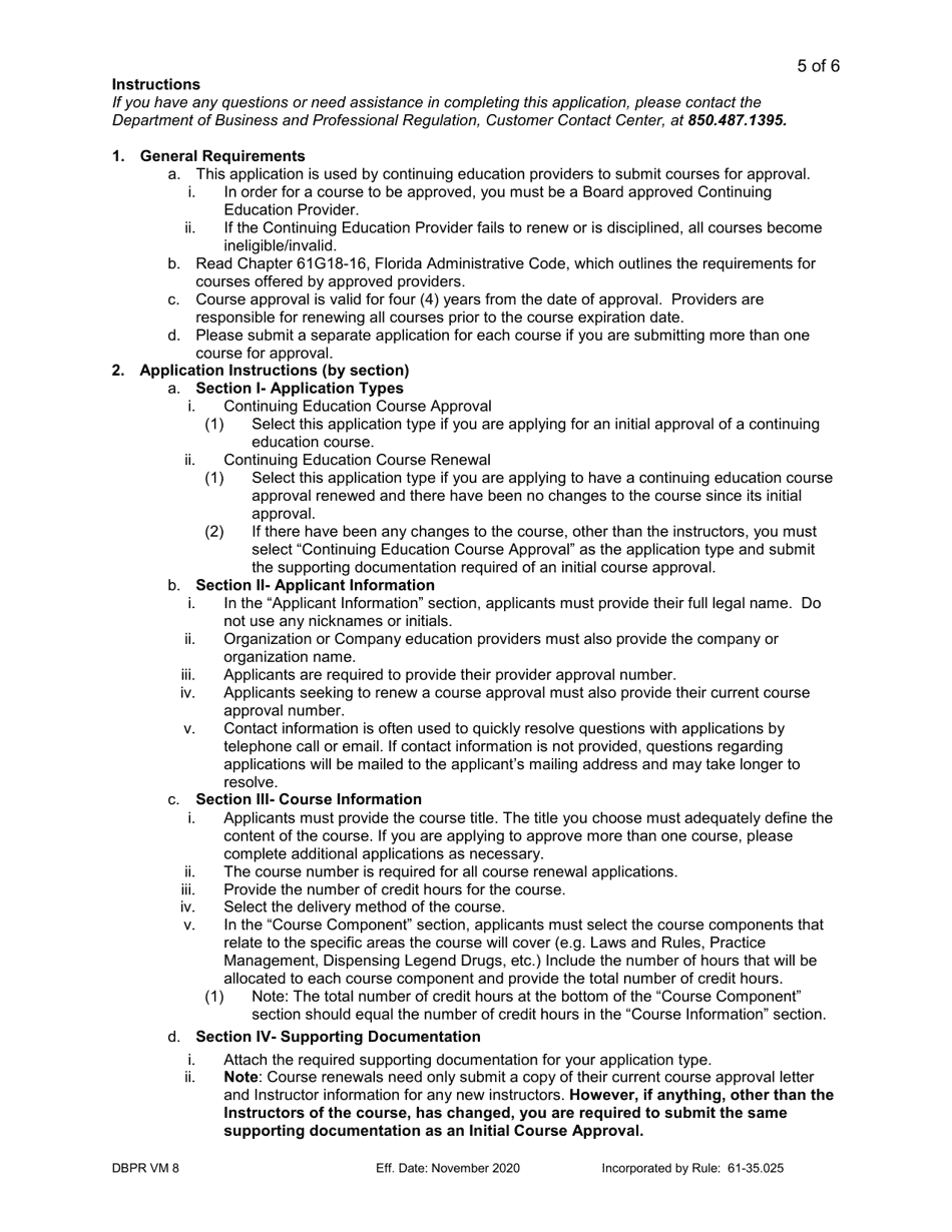 Form DBPR VM8 Continuing Education Course Approval Application - Florida, Page 5