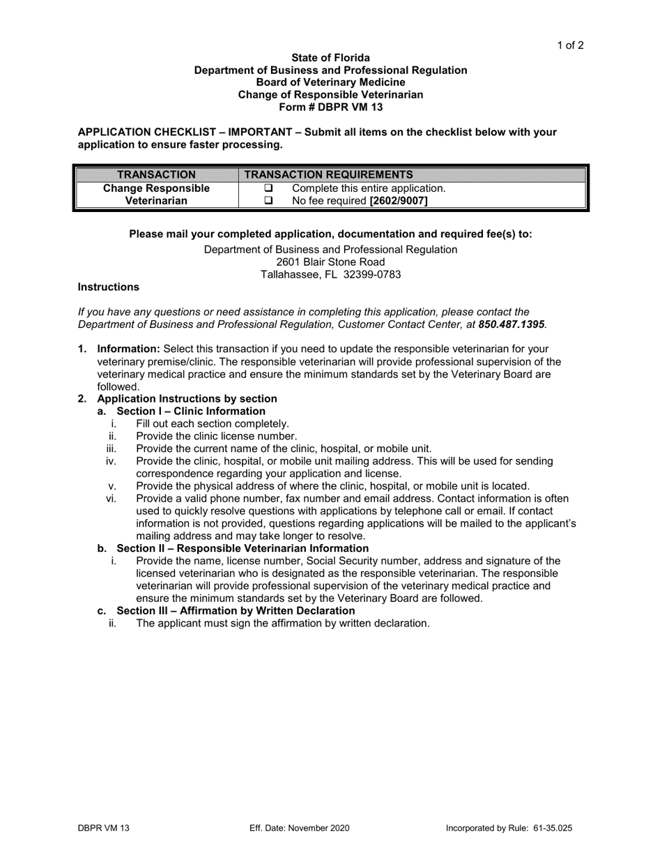 Form DBPR VM13 Change of Responsible Veterinarian - Florida, Page 1