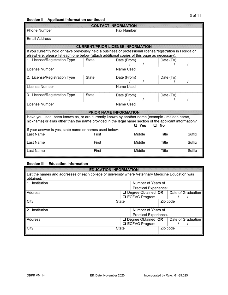 Form DBPR VM14 Download Printable PDF or Fill Online Application for ...