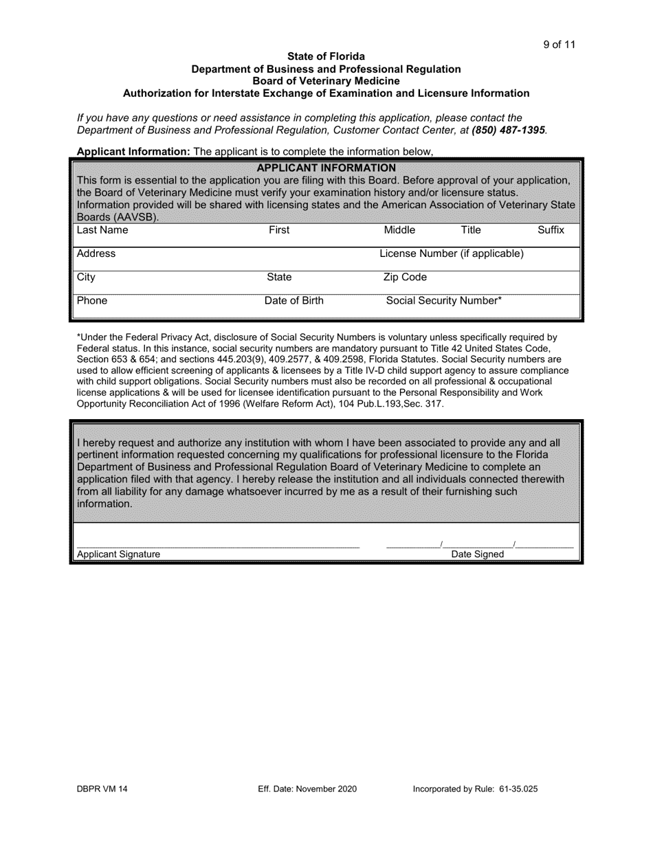 Form DBPR VM14 Download Printable PDF or Fill Online Application for ...