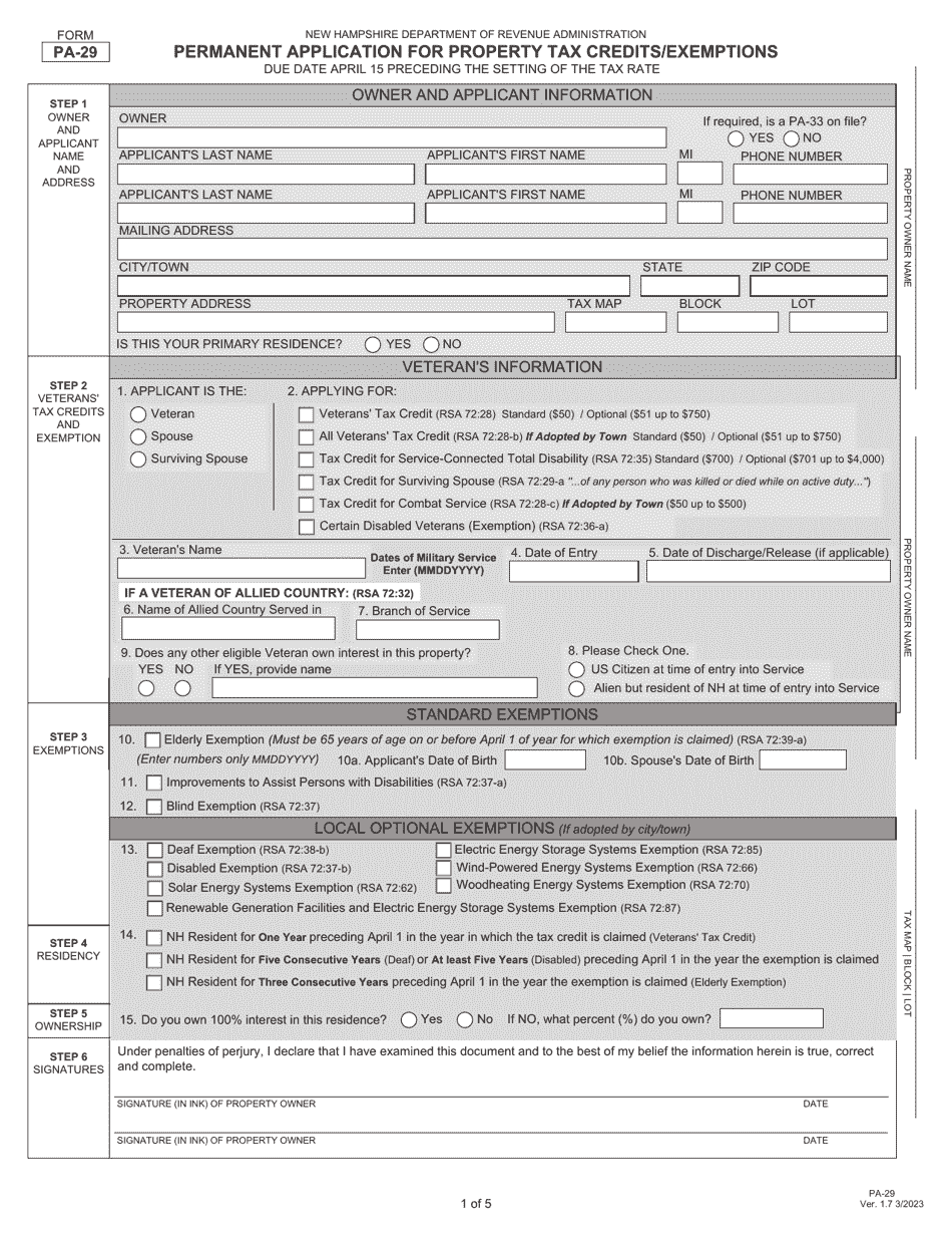 Form PA-29 Permanent Application for Property Tax Credits / Exemptions - New Hampshire, Page 1