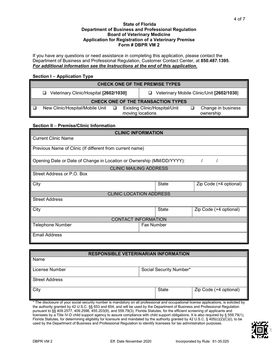 Form DBPR VM2 Application for Registration of a Veterinary Premise - Florida, Page 4