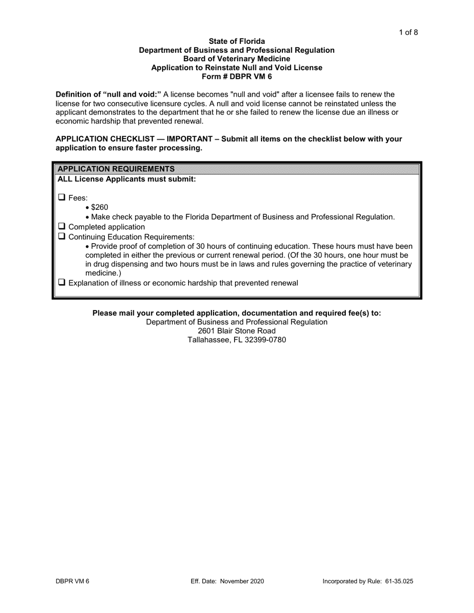 Form DBPR VM6 Application to Reinstate Null and Void License - Florida, Page 1