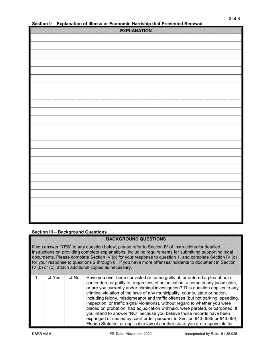 Form DBPR VM6 Application to Reinstate Null and Void License - Florida, Page 3