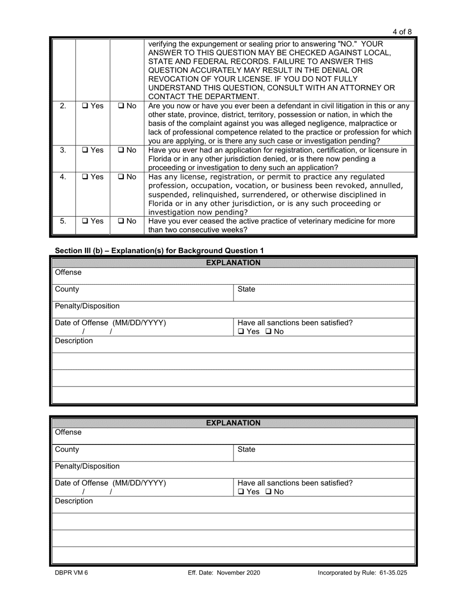 Form DBPR VM6 Application to Reinstate Null and Void License - Florida, Page 4