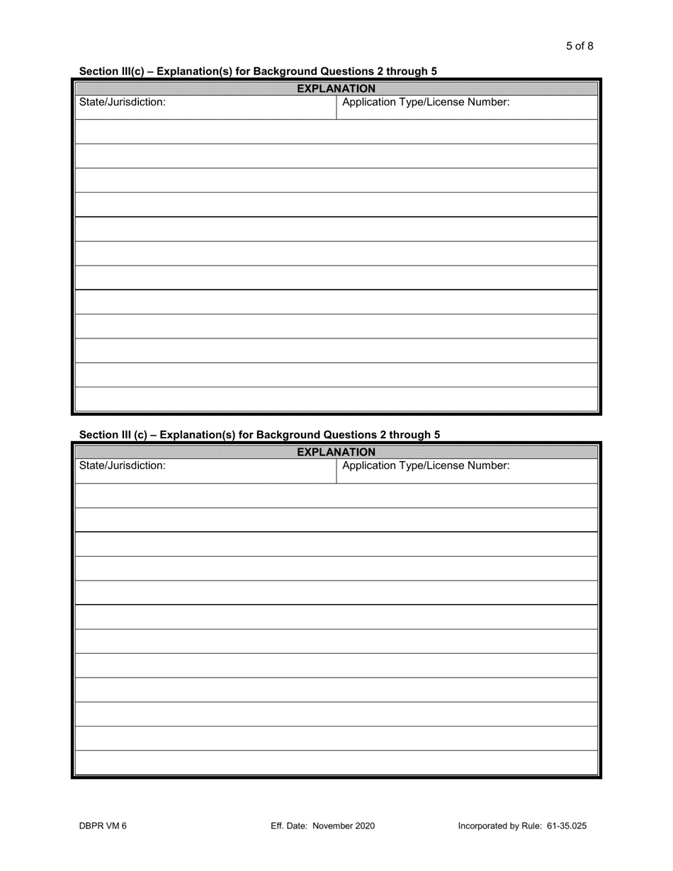 Form DBPR VM6 Application to Reinstate Null and Void License - Florida, Page 5