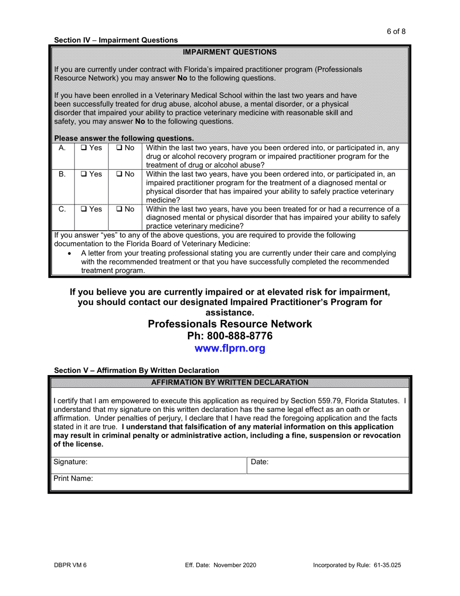 Form DBPR VM6 Application to Reinstate Null and Void License - Florida, Page 6