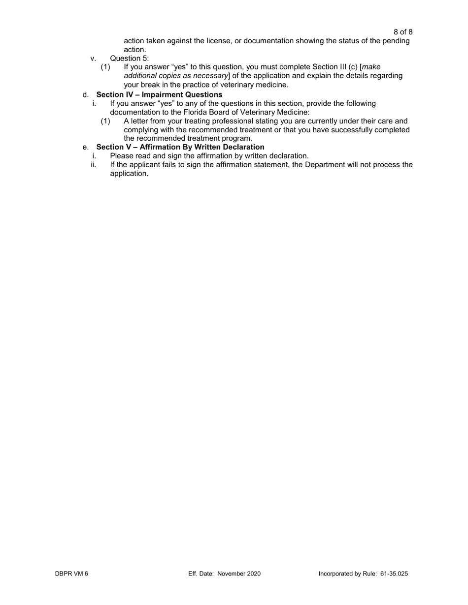 Form DBPR VM6 Application to Reinstate Null and Void License - Florida, Page 8