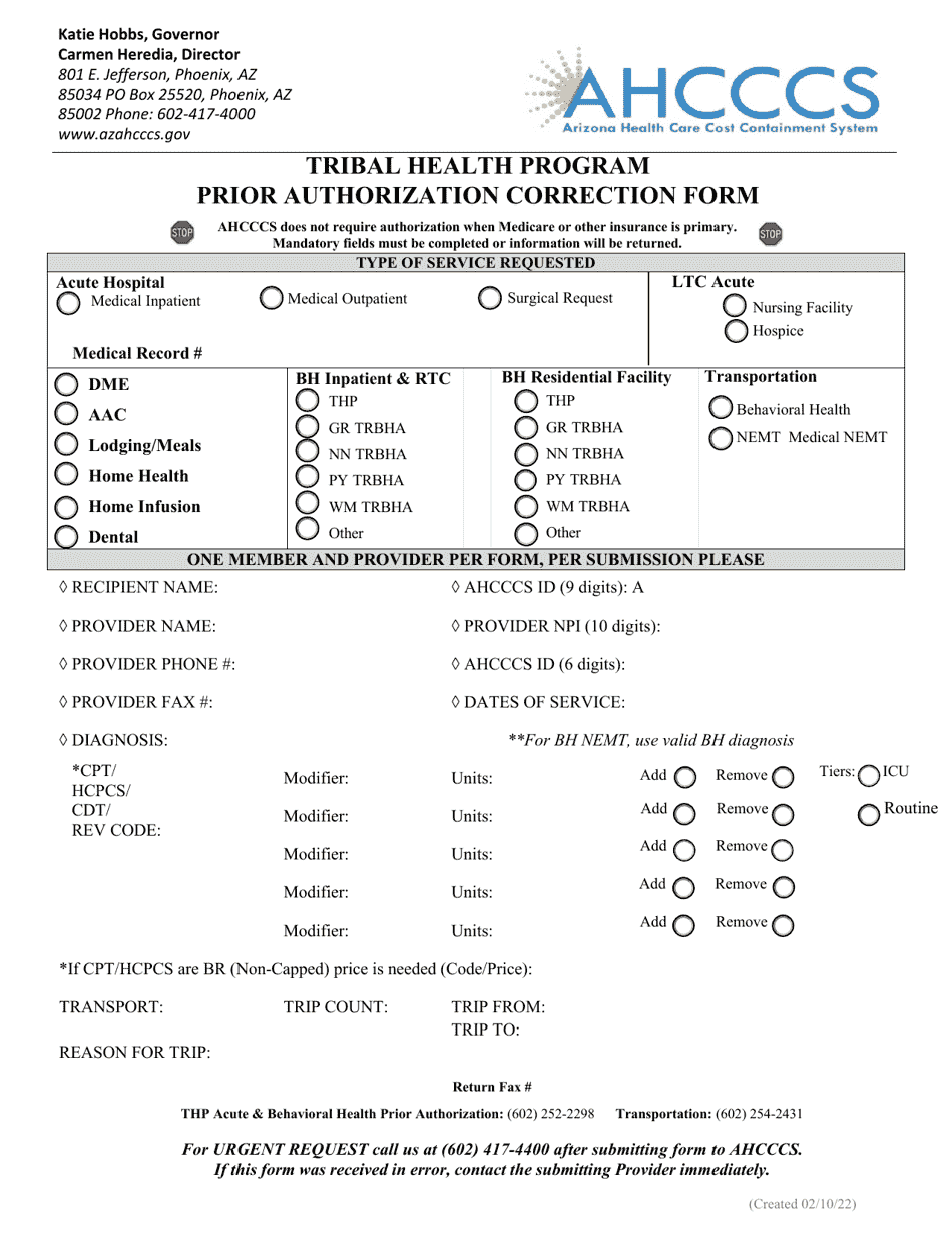Prior Authorization Correction Form - Tribal Health Program - Arizona, Page 1