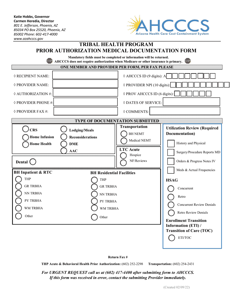 Prior Authorization Medical Documentation Form - Tribal Health Program - Arizona, Page 1