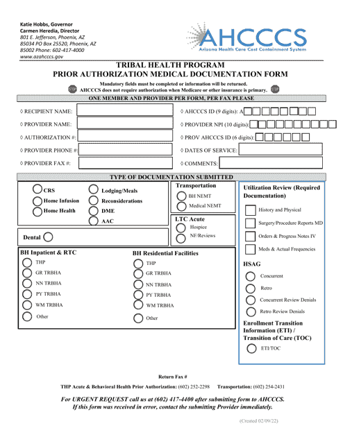 Prior Authorization Medical Documentation Form - Tribal Health Program - Arizona Download Pdf