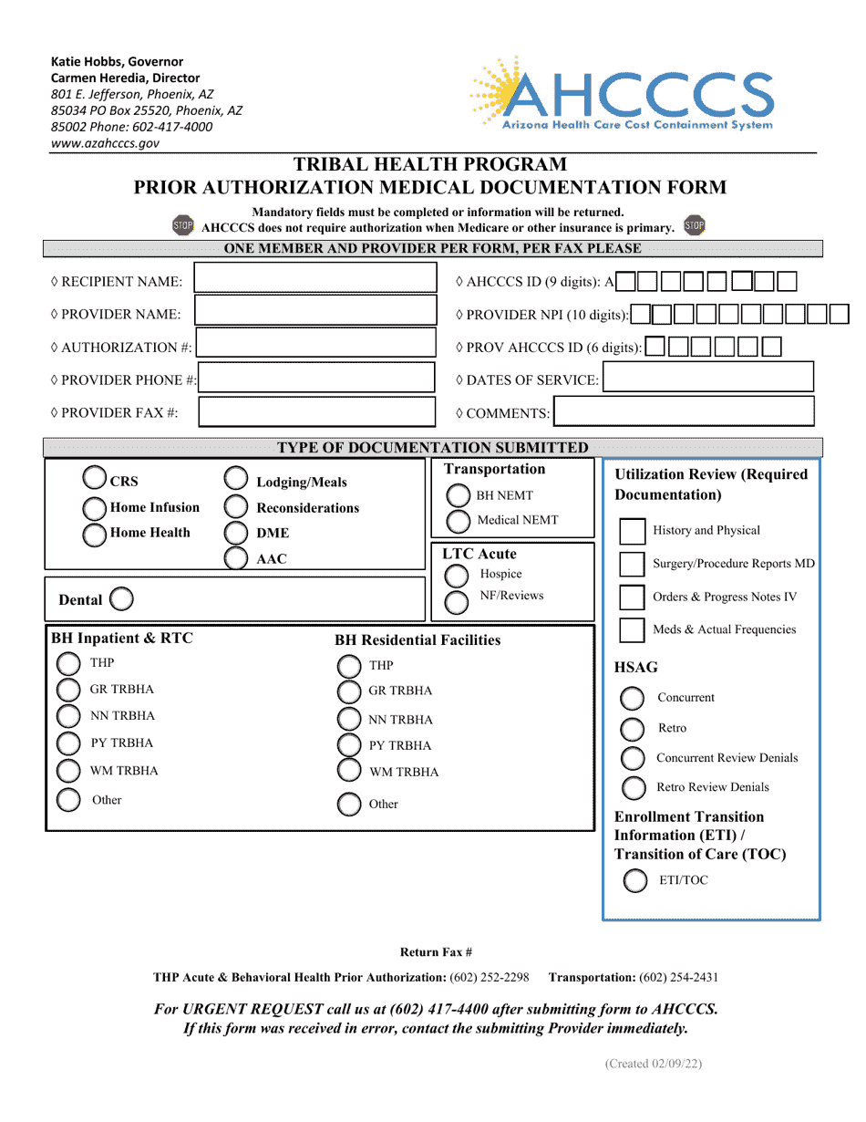 Arizona Prior Authorization Medical Documentation Form - Tribal Health ...