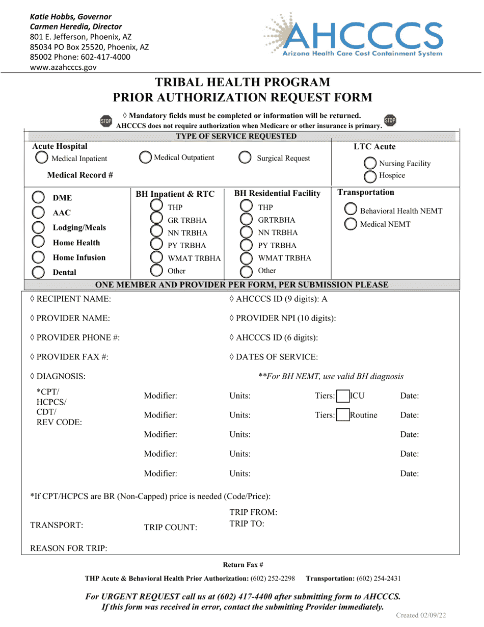 Prior Authorization Request Form - Tribal Health Program - Arizona, Page 1