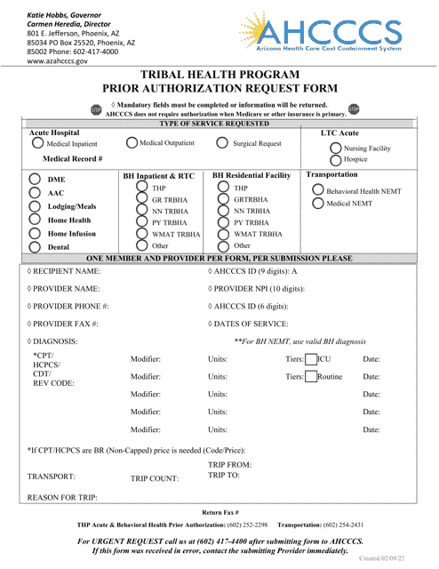 Prior Authorization Request Form - Tribal Health Program - Arizona Download Pdf